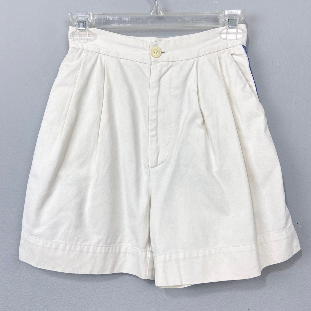 Esby Pleated High Waist Shorts Womens 0 Cream Blue Crochet Trim Cotton Twill